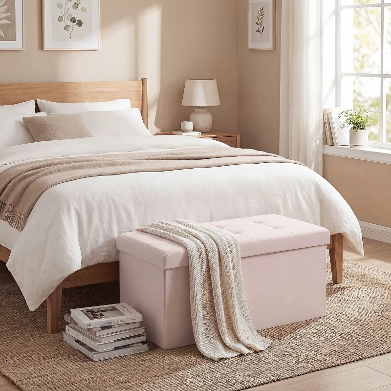 HOMCOM Puff de Arrumação Banco Dobrável 84 L 76x38x38 cm Estofado em Linho Sintético, Baú de Arrumação Rosa