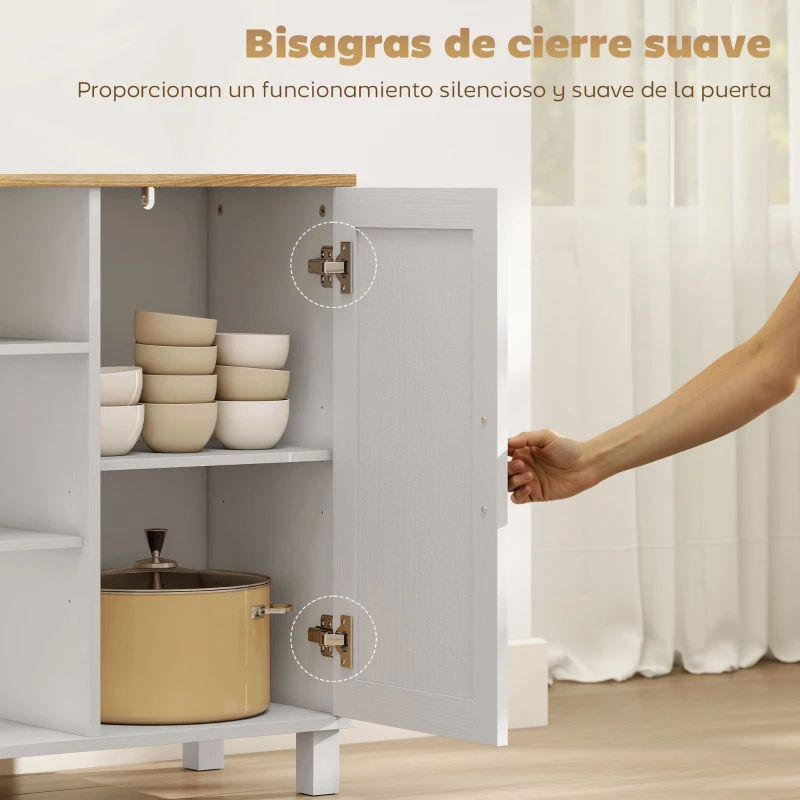 HOMCOM Aparador de 3 Puertas de Cierre Suave con Estantes Ajustables Compartimento Abierto Patas de Madera Blanco