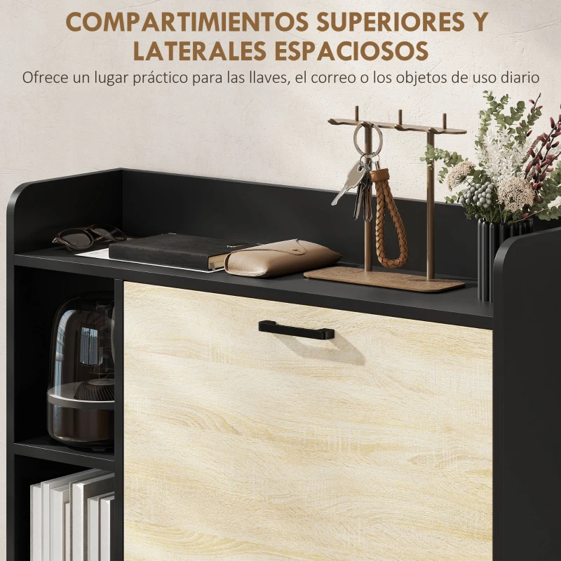 HOMCOM Zapatero Estrecho con 2 Puertas 3 Estantes Laterales y Estantes Ajustables para 15 Pares de Zapatos Natural y Negro