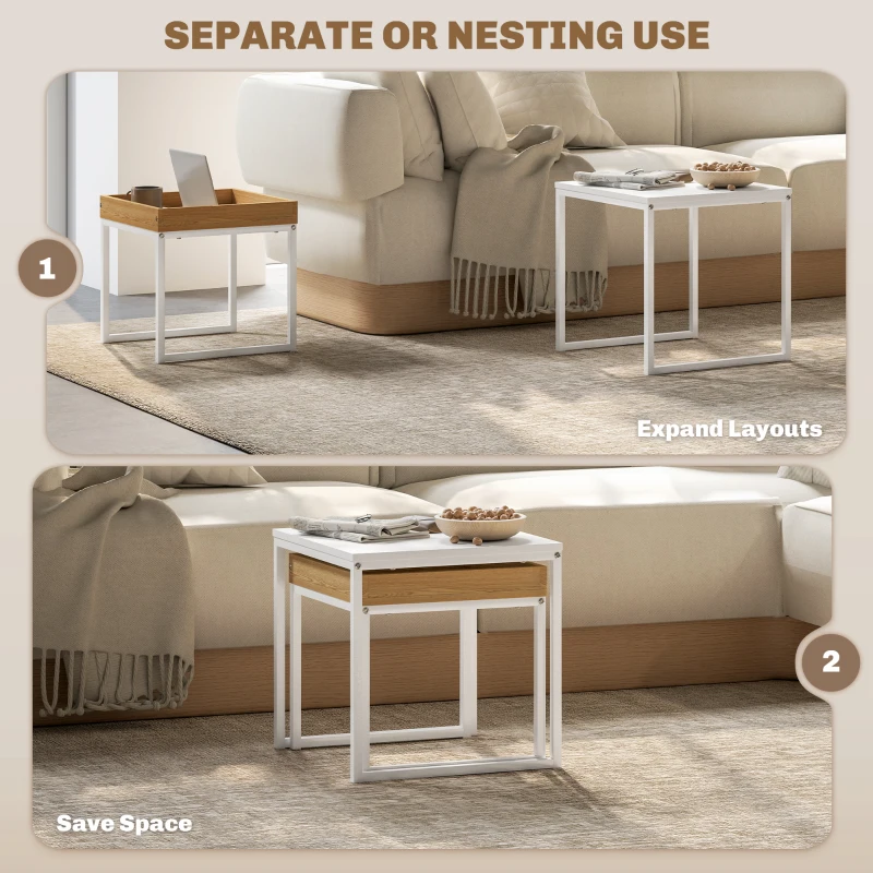 HOMCOM Zestaw 2 stolików kawowych z wyjmowaną tacą, stolik boczny, stalowa rama, stolik do salonu, sypialni, biały + dąb