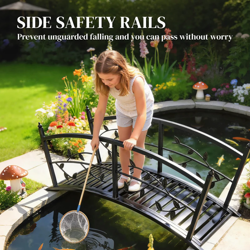 Outsunny 1.2M Metal Garden Bridge with Safety Railings, Outdoor Pond Bridge, Arch Decorative Footbridge for Creek Stream