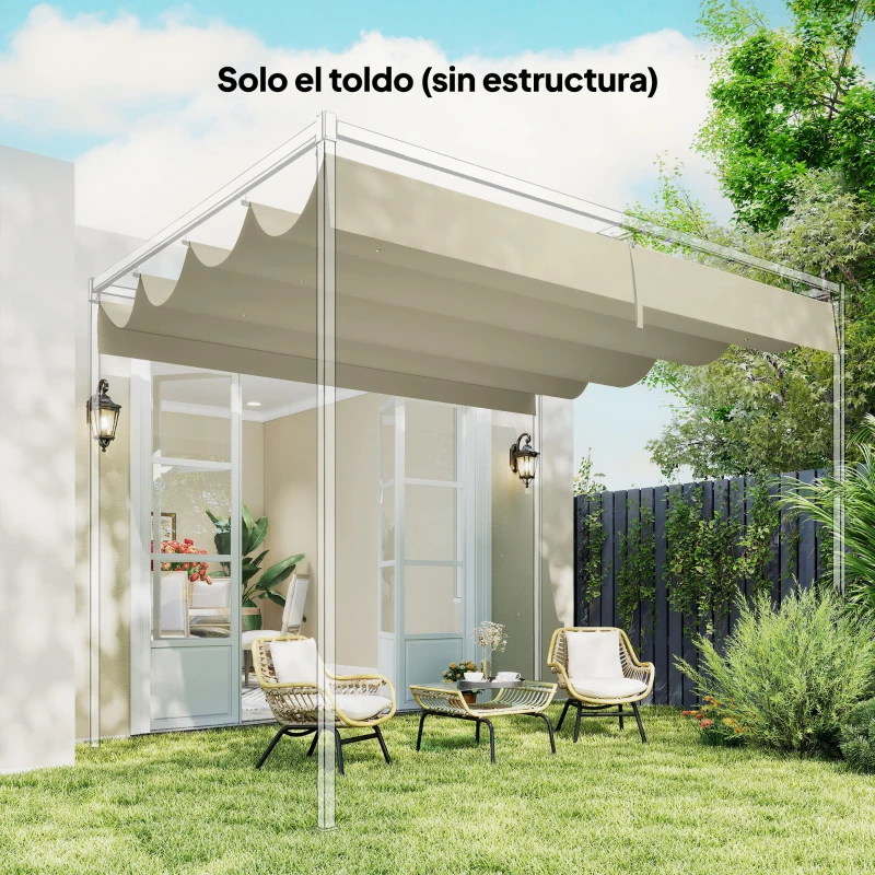 Outsunny Techo de Repuesto Retráctil 4x3,5 m para Marco de 4x3 m Toldo de Tela Solo para Cenador Jardín con 8 Orificios Crema