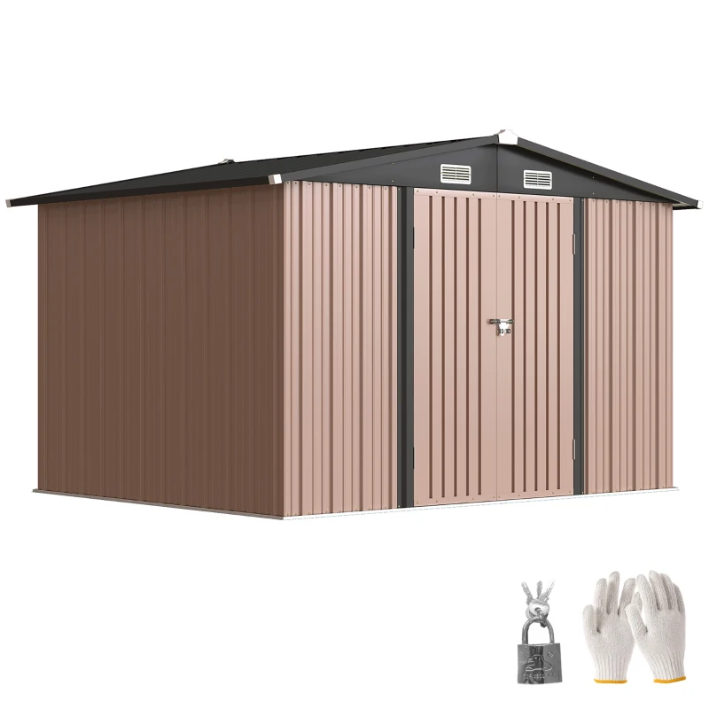 Outsunny Cobertizo Metálico 305 x 245 cm, Robusto Cobertizo de Jardín con 4 Tomas de Aire y Puertas Dobles con Cerradura, Marrón