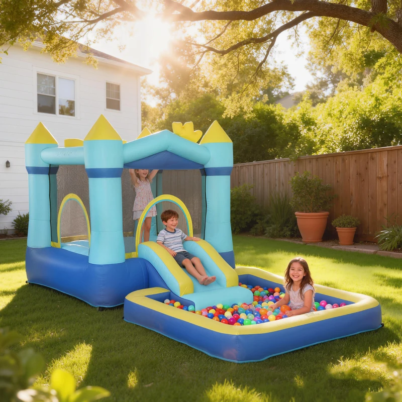 AIYAPLAY Château Gonflable pour Enfants avec Souffleur Toboggan Trampoline Piscine et Panier de Basket pour Enfants 3-8 Ans Bleu