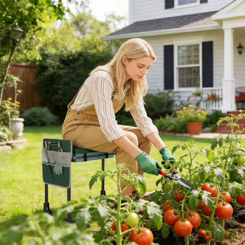 Outsunny Coussin et siège de jardin, capacité 150 kg, tabouret de jardin avec zone genoux fortement rembourrée, pieds en acier extensibles