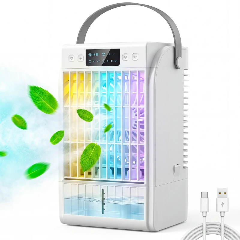 HOMCOM Ventilator de birou cu lumină RGB, nebulizator și umidificator cu 4 viteze, rezervor de apă de 1,5 L, Alb