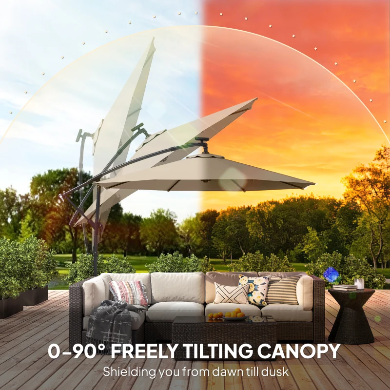 Outsunny Parasol ogrodowy LED Solar Ø300 cm obrotowy z korbą, stojakiem, pokrowcem beżowy