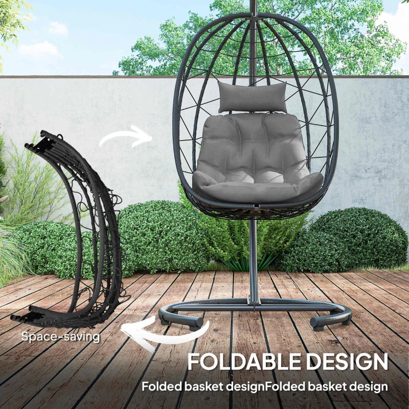 Outsunny Fotel wiszący zewnętrzny Fotel wiszący Egg Chair, odporny na warunki atmosferyczne, w tym poduszki, 102 cm x 102 cm x 195 cm, Ciemnoszary