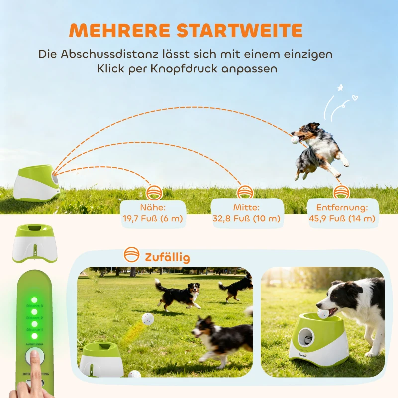 PawHut Automatischer Ballwerfer Interaktive Ballwurfmaschine mit 3 Bälle 3 Distanzen 6m/10 m/14m für kleine mittlere Hunde Grün