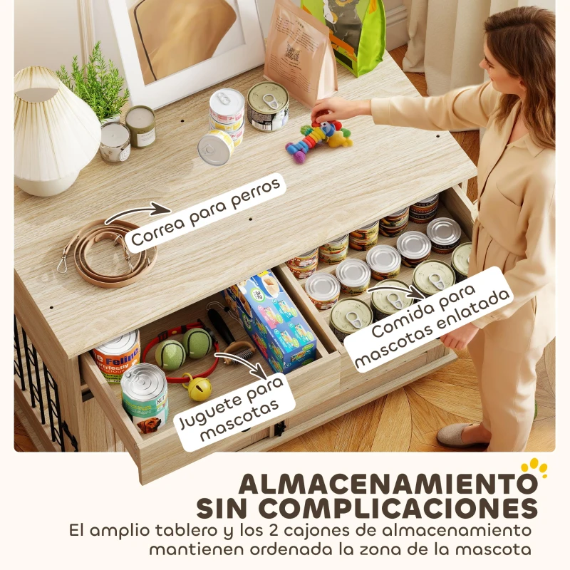 PawHut Jaula para Perros Medianos y Grandes Mesa Auxiliar Moderna con 2 Cajones 2 Puertas y Cierre 100x56x81 cm Roble