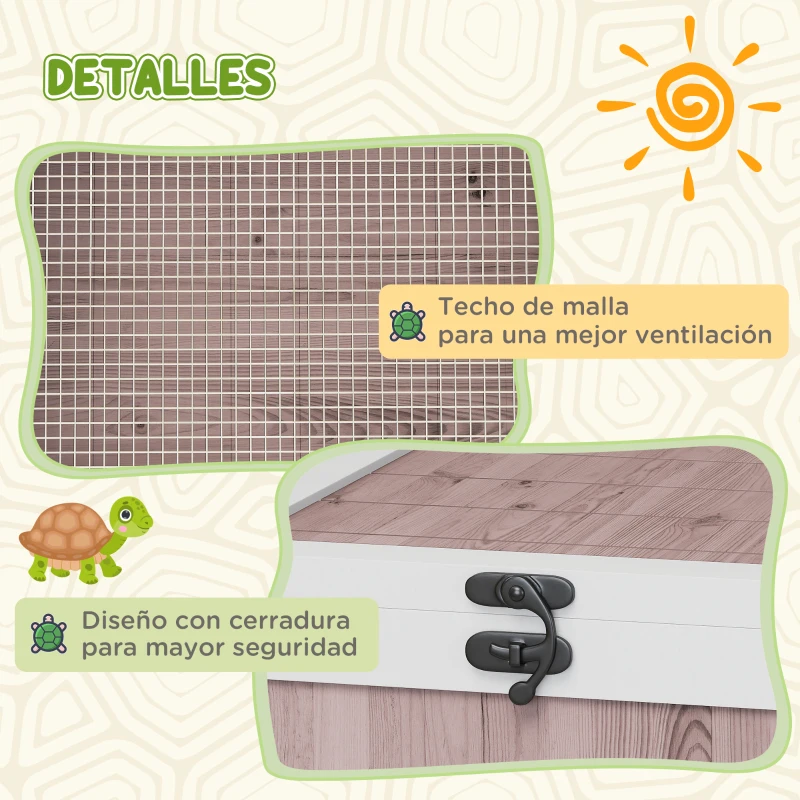 PawHut Casa para Tortugas de Madera con Techo de Malla y Paneles Laterales Transparentes Extraíbles 91x60,5x32 cm Marrón Claro
