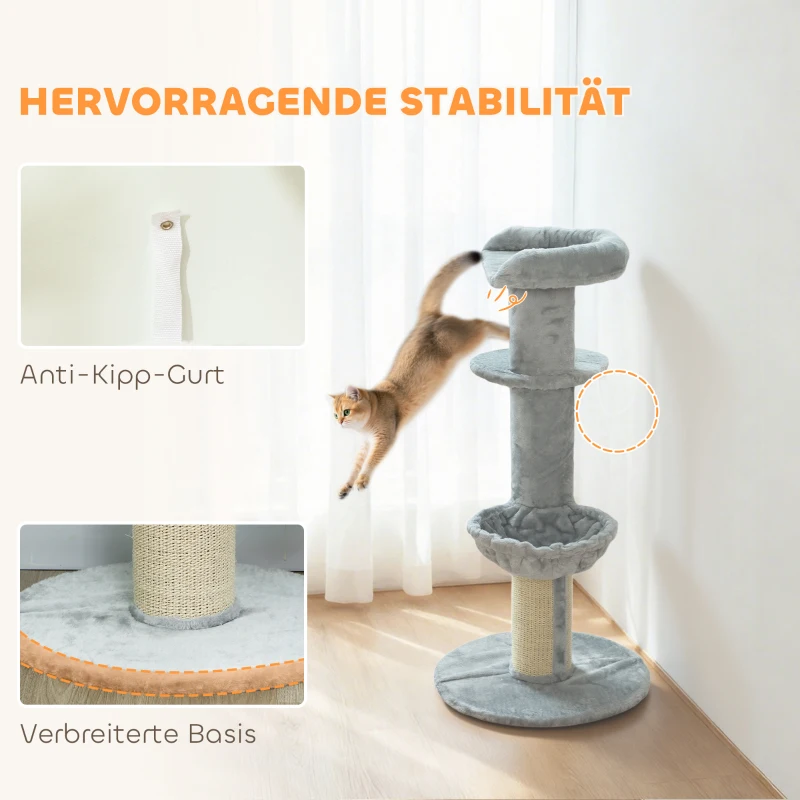PawHut Katzenkratzbaum, Sisalpfosten, mehrstufig, Plüschstoff, hängende Kugel, Hellgrau