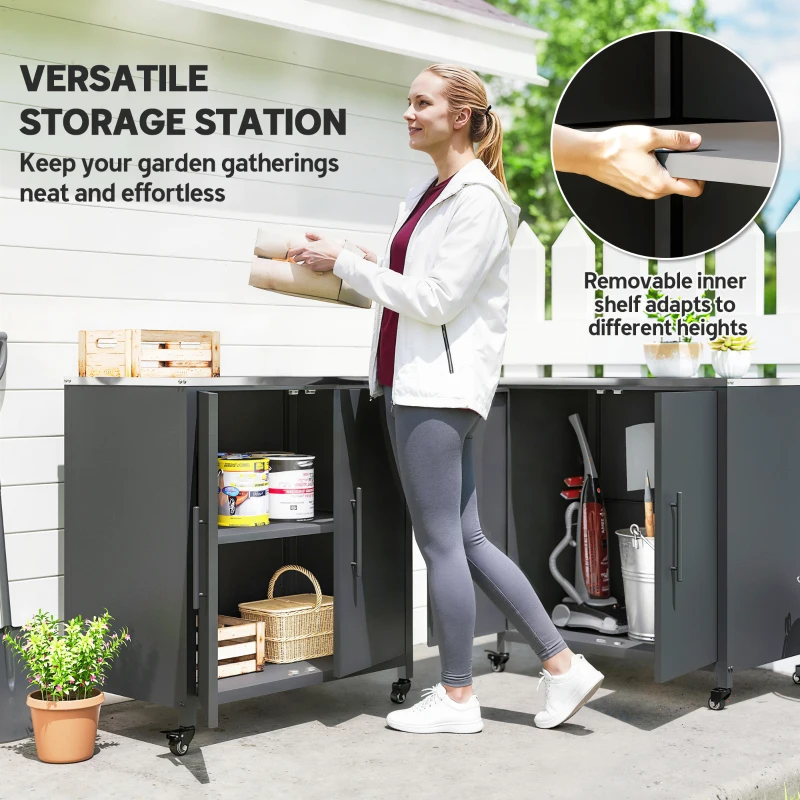 Outsunny Szafka ogrodowa z blatem do przesadzania, powierzchnią roboczą ze stali nierdzewnej, wyjmowaną półką, magnetycznymi drzwiami i kółkami
