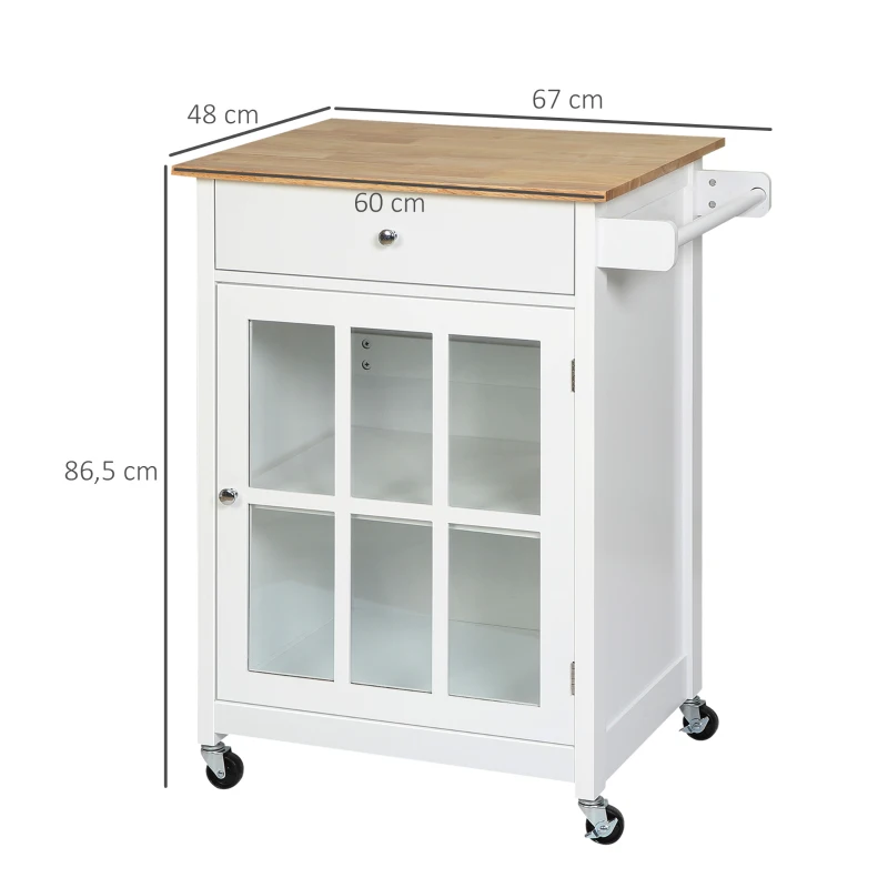 HOMCOM Küchenwagen Küchenrollwagen Servierwagen mit Räder Schublade Weinablage MDF Gummiholz Weiß+Eiche 67 x 48 x 86,5 cm