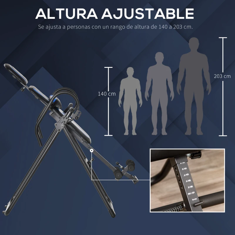 HOMCOM Tabla de Inversión Plegable con Ruedas Altura Ajustable 140-203 cm con Cinturón de Seguridad Carga 110kg Negro y Azul