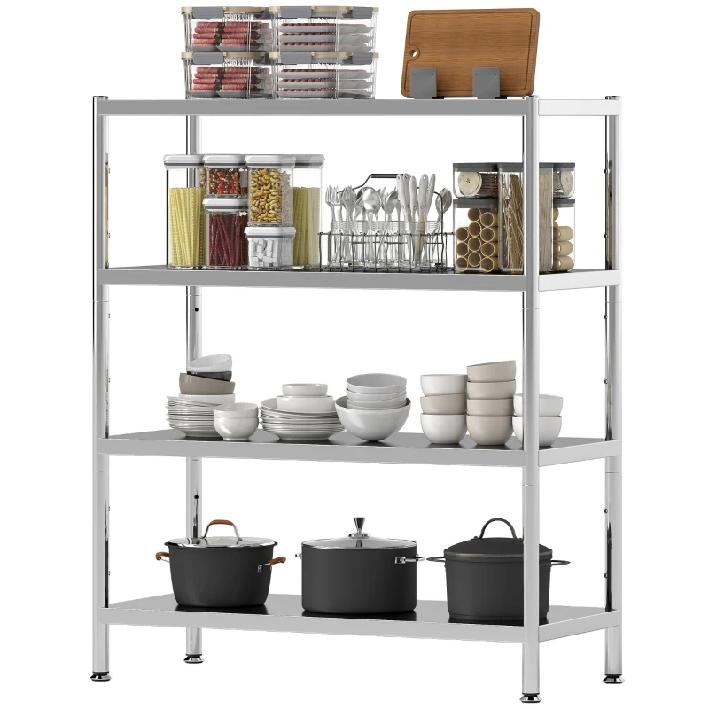 HOMCOM Scaffale da Cucina a 4 Livelli Regolabili su 10 Altezze Diverse, in Acciaio Inox, 91x40x108 cm, Argento