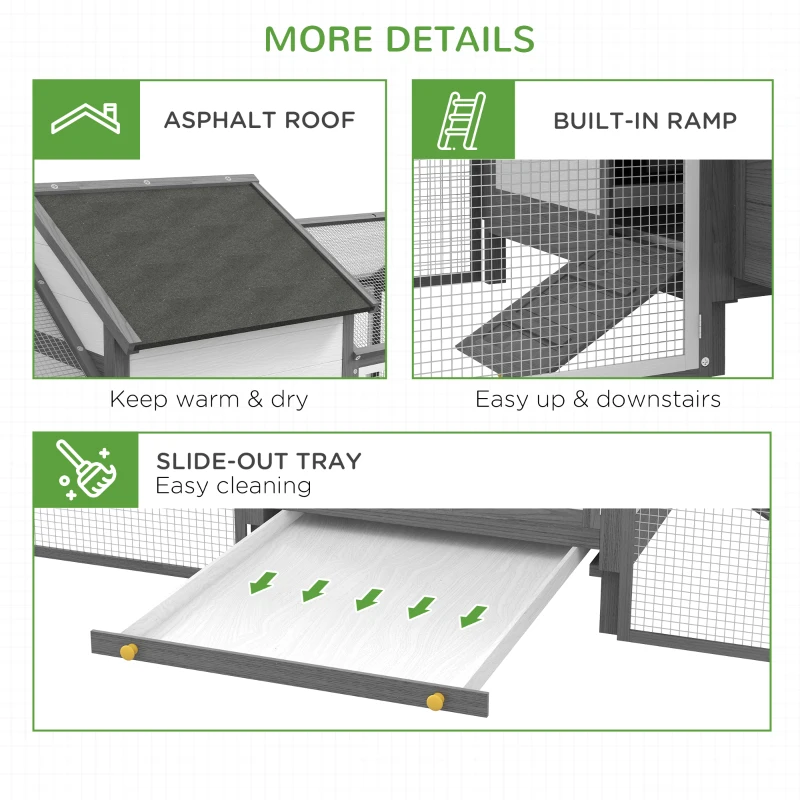 PawHut Kurnik dla małych zwierząt 2 wybiegi zewnętrzne, 1 gniazdo, 2 rampy, dach asfaltowy, odporny na warunki atmosferyczne, Szary
