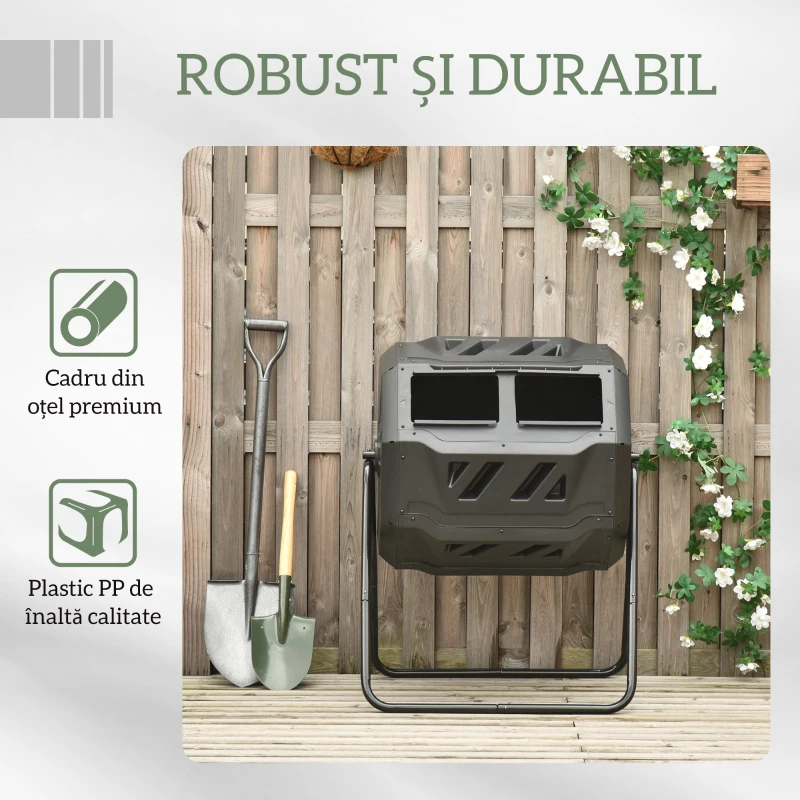 Outsunny Compostor Rotativ cu 2 Secțiuni și 8 Prize de Aerisire din Oțel și PP, 160L, 71x65x96 cm, Gri