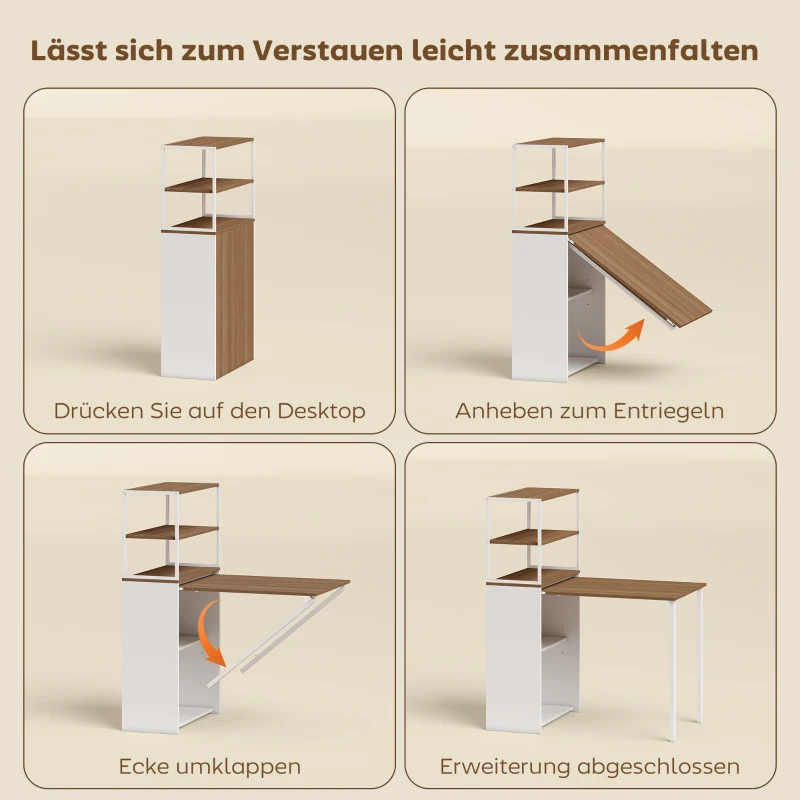 HOMCOM Schreibtisch Klappbar Küchentisch mit 4 Regal Computertisch Arbeitstisch Laptoptisch 105 x 60 x 127 cm Naturholz