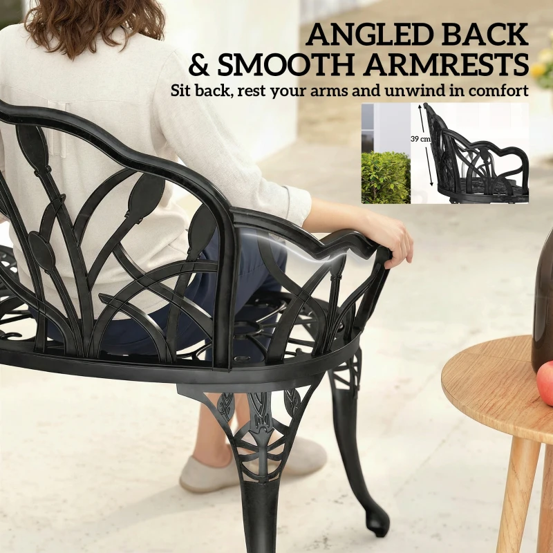 Outsunny Ławka ogrodowa 2-osobowa z odlewanego aluminium, odporna na warunki atmosferyczne, z oparciem w kształcie tulipanów i motywem kwiatowym, 99 x 57 x 78 cm