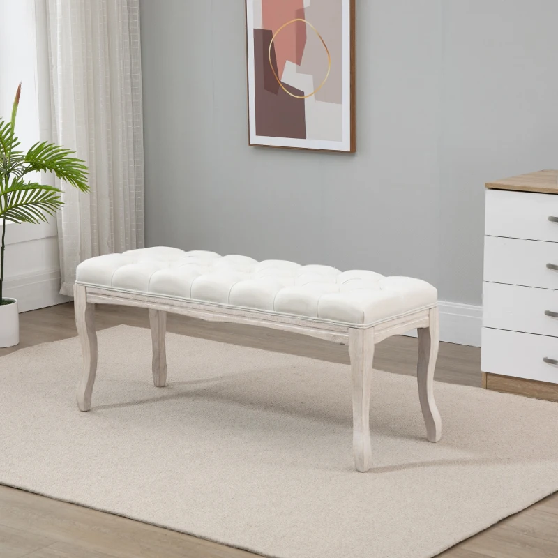 HOMCOM Banc Banquette capitonnée Style Classique 110 cm Bout de lit Rembourrée en lin piètement Bois hévéa sculpté Lin Beige