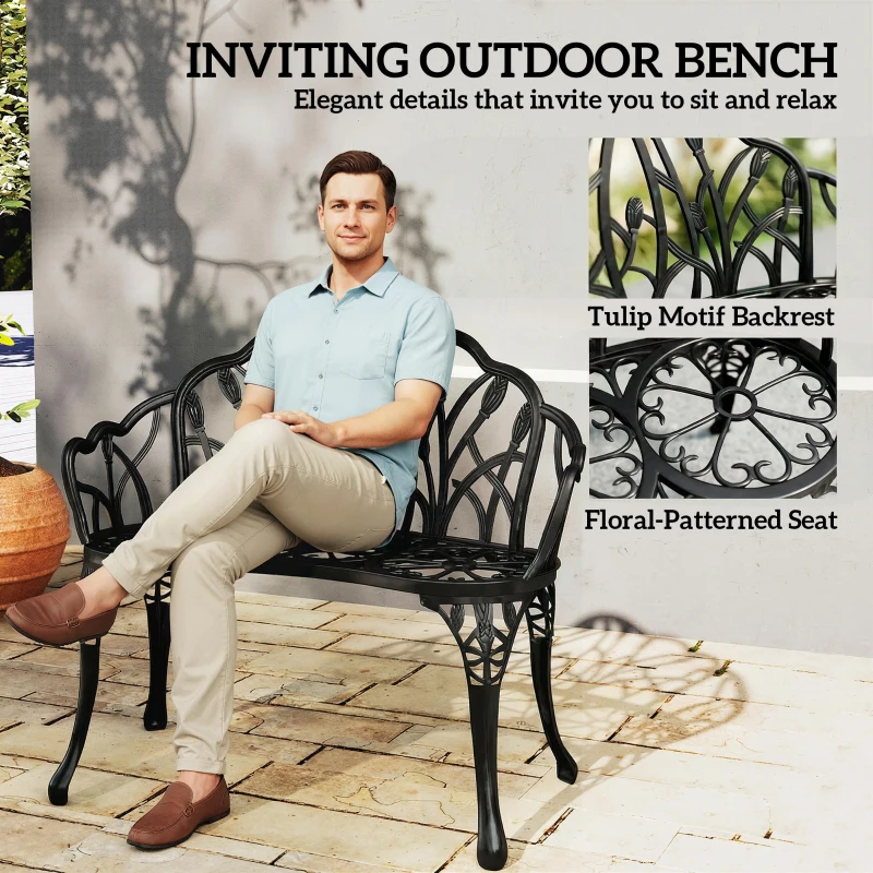 Outsunny Ławka ogrodowa 2-osobowa z odlewanego aluminium, odporna na warunki atmosferyczne, z oparciem w kształcie tulipanów i motywem kwiatowym, 99 x 57 x 78 cm