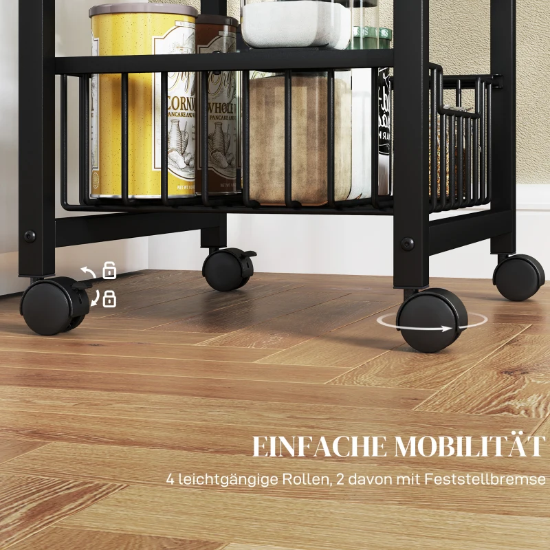 HOMCOM 3-stufige Küchenwagen auf Rädern, Rollbarer Servierwagen, Küchen-Trolley mit 3 Stahlkörben, Servierwagen