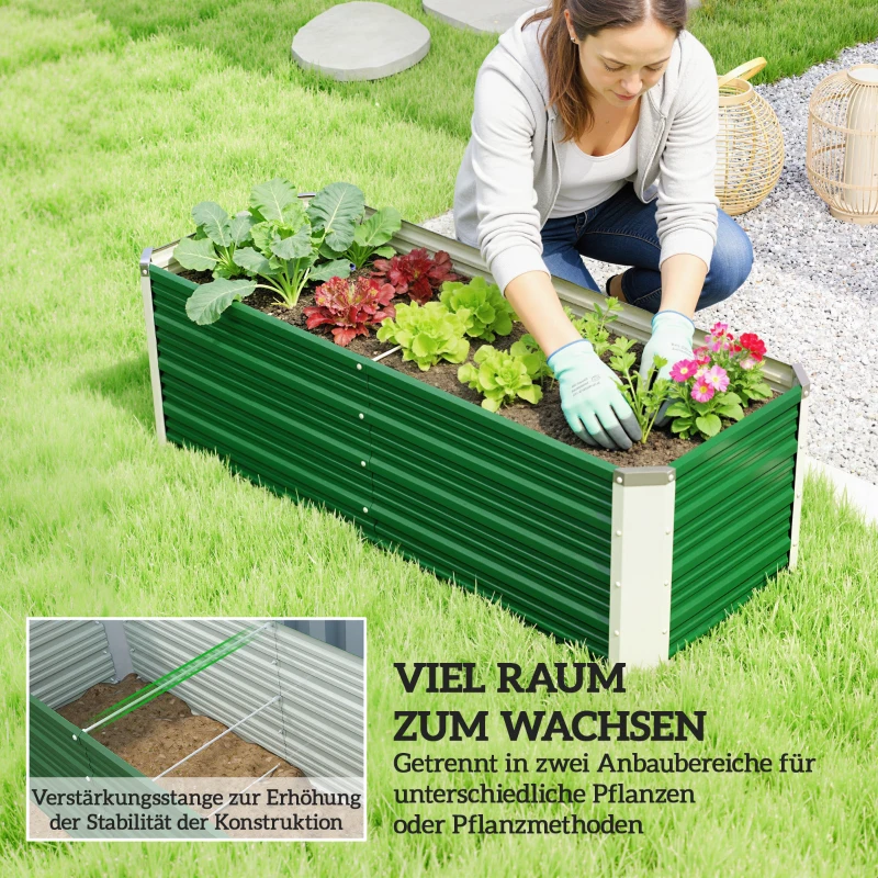 Outsunny Metalen verhoogde plantenbak, 2 aparte plantgebieden, open bodem, eenvoudige montage, 125 x 47 x 40 cm, groen