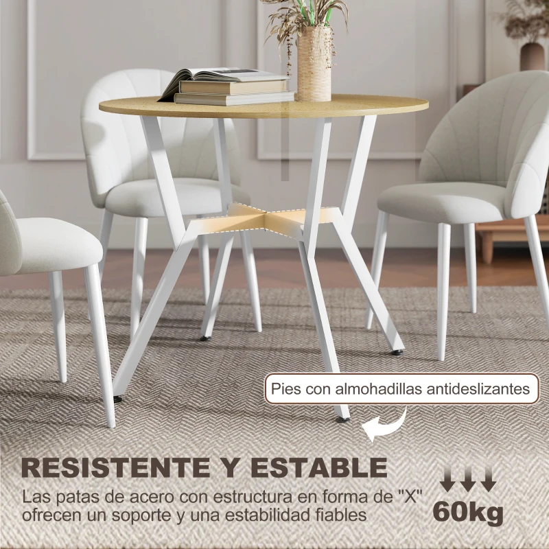 HOMCOM Mesa de Comedor Redonda para 2 Personas Mesa de Cocina Industrial Patas Curvadas de Acero 90x90x76 cm Natural y Blanco