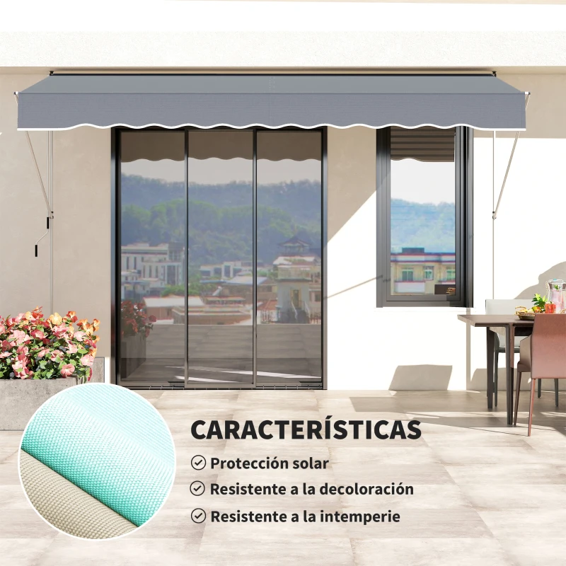 Outsunny Toldo Manual Retráctil 4x1,2 m Altura Ajustable 170-280 cm con Manivela Anti-UV e Impermeable Sin Taladro Gris Oscuro