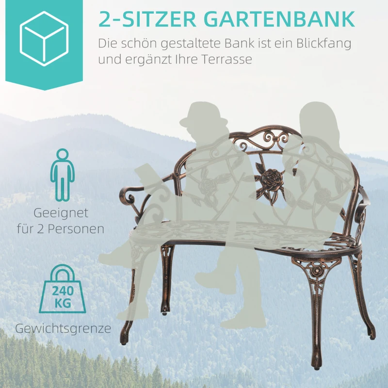 Outsunny Gartenbank 2-Sitzer aus Metall, Sitzbank im Retro Stil, Parkbank mit Blumenmuster 100 x 54 x 78 cm, Bronze