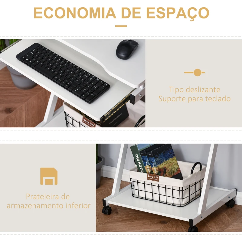 HOMCOM Mesa de Computador com Rodas 60x48 cm com Gaveta Deslizante para Teclado e Prateleira Inferior Estrutura Metálica Branca