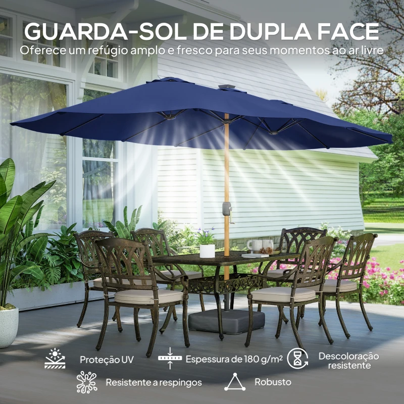 Outsunny Chapéu de Sol Duplo com 48 Luzes LED 459x266x235 cm Base Incluida Manivela Sacos de Areia Azul Escuro