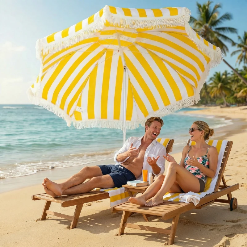 Outsunny Sombrilla de Playa con Flecos Ø180 cm Sombrilla de Terraza Exterior Altura Ajustable Inclinación 30° Amarillo y Blanco
