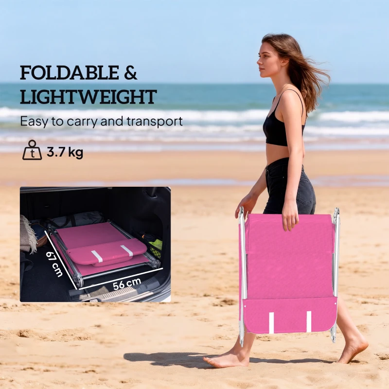Outsunny Folding Sun Lounger with Head Pillow - Pink