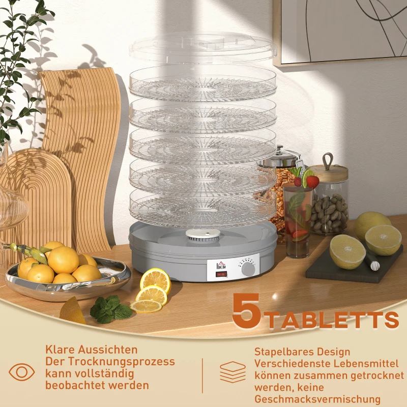 HOMCOM 5-laags voedseldehydrator, 245W droogoven met instelbare temperatuurregeling, Grijs