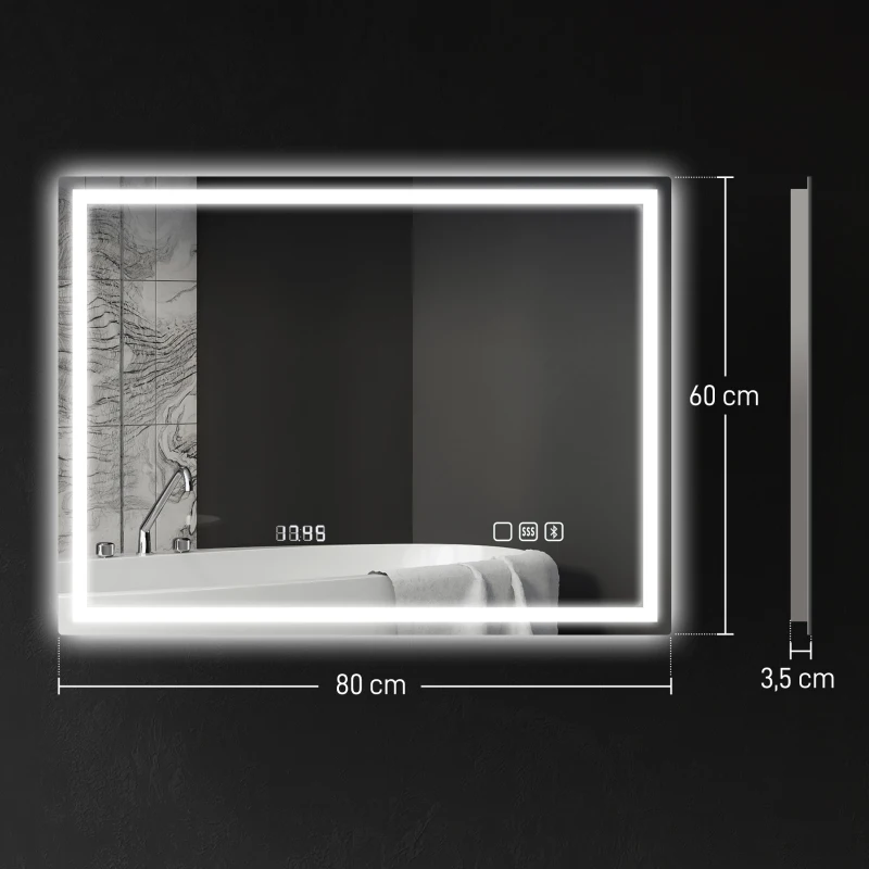 HOMCOM 600 x 800 mm Bluetooth Bathroom Mirror with LED Lights, Illuminated Backlit Wall Mounted Vanity Mirror with 3 Colours Dimmable, Clock, Demister Pad, Memory Function, Touch Sensor, IP44