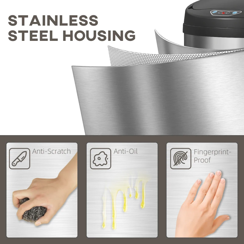 HOMCOM 50-litrowy kosz na śmieci z czujnikiem i funkcją Soft-Close, bezdotykowy kosz ze stali nierdzewnej dla higienicznych kuchni, biur, kolor srebrny