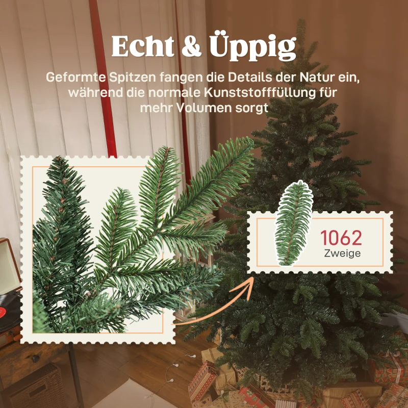 HOMCOM Künstlicher Weihnachtsbaum mit realistischen Zweigen, Kunst-Tannenbaum mit faltbarem Ständer, flammenhemmend, Kunststoff, Metall, Grün