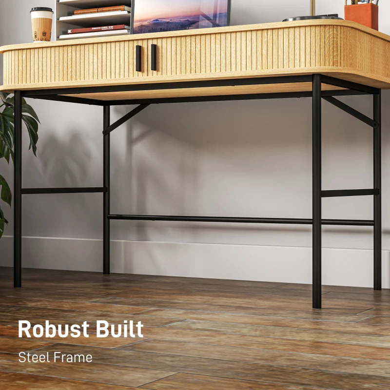 HOMCOM Computer Desk with Slatted Tambour Doors, Mid-Century Modern Home Office Writing Desk, Oak and Black