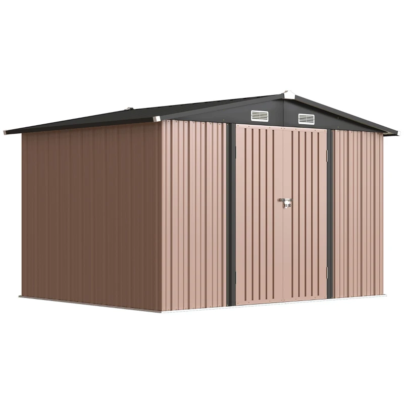 Outsunny Abri en métal 305 x 245 cm, Abri de jardin robuste avec 4 aérations et portes doubles avec serrure, Marron