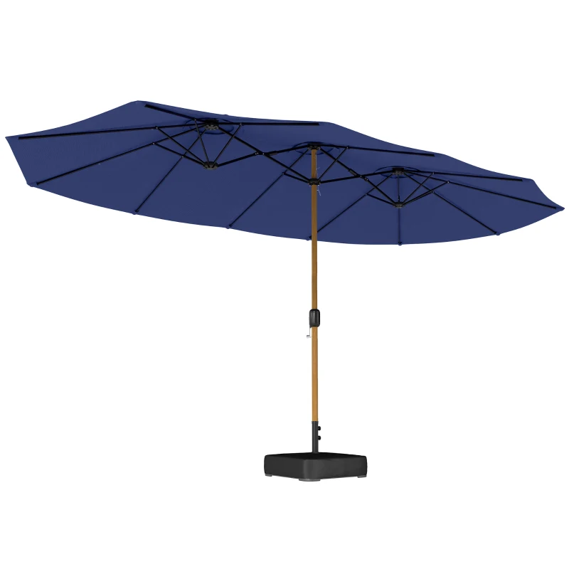 Outsunny Chapéu de Sol Duplo com 48 Luzes LED 459x266x235 cm Base Incluida Manivela Sacos de Areia Azul Escuro