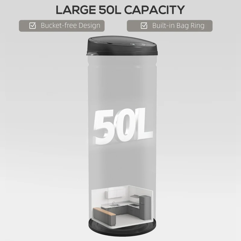 HOMCOM 50-litrowy kosz na śmieci z funkcją Soft-Close, bezdotykowy, ze stali nierdzewnej, dla higienicznych kuchni, biur, kolor srebrny