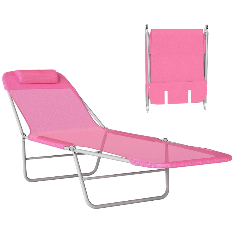 Outsunny Folding Sun Lounger with Head Pillow - Pink