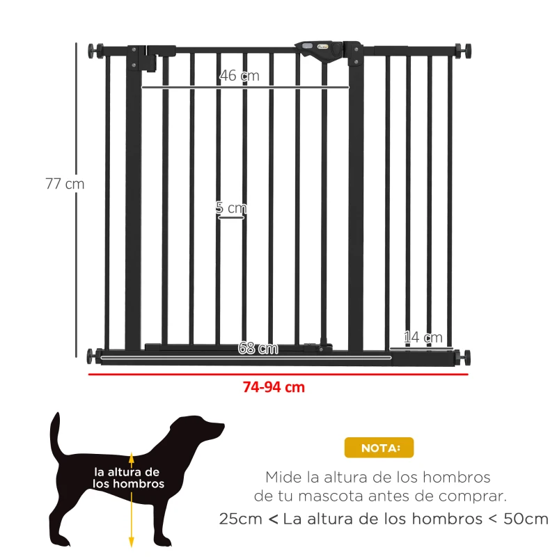 PawHut Barrera de Seguridad para Perros 74-94 cm con Extensión Montaje a Presión y Doble Bloqueo Negro