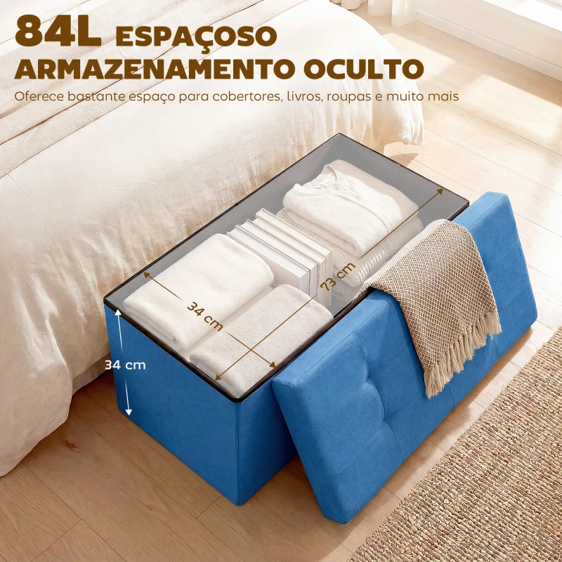 HOMCOM Puff de Armazenamento Banco de Armazenamento Dobrável 84 L 76x38x38 cm Estofado em Linho Sintético Azul Claro