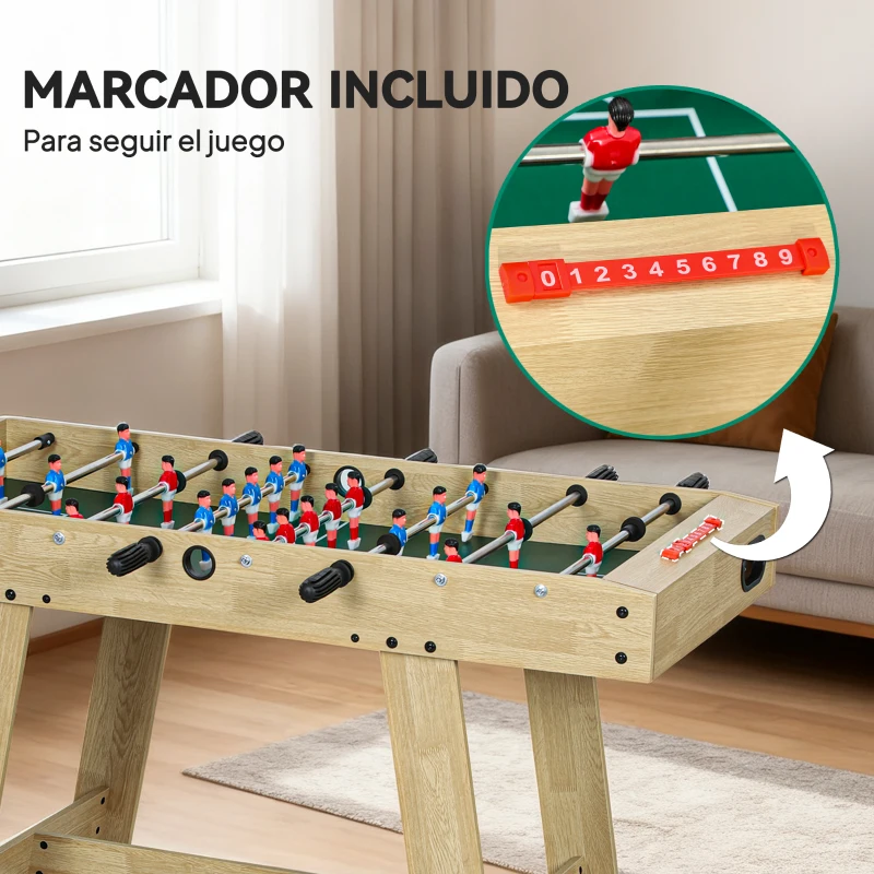 SPORTNOW Futbolín para Niños de Madera Mesa de Futbolín con 2 Marcadores 8 Asas y 22 Jugadores 114x78x88 cm Natural