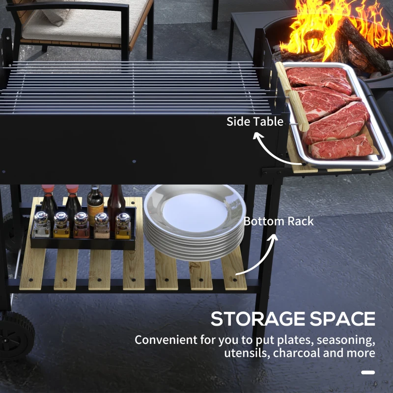 Outsunny Grill węglowy, wózek grillowy, 2 powierzchnie grillowe, 2 koła, uchwyty, półki, 113 x 53,5 x 82,5 cm, czarny