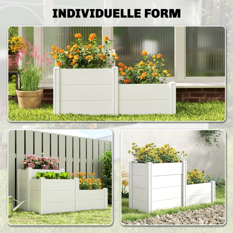 Outsunny Verhoogde plantenbak 3-laags stapelbaar tuinbak met open bodem, modulaire kruidenbak DIY montage kunststof