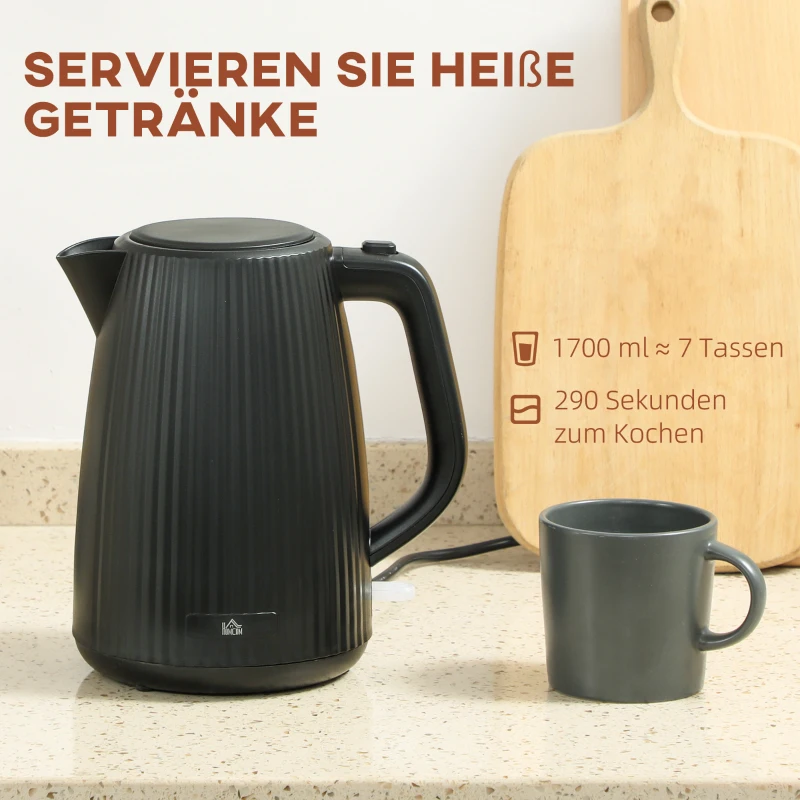 HOMCOM Elektrischer Wasserkocher, 1,7L, Schnellkochfunktion, 2200W, mit herausnehmbarem Kalkfilter, Abschaltautomatik, Schwarz